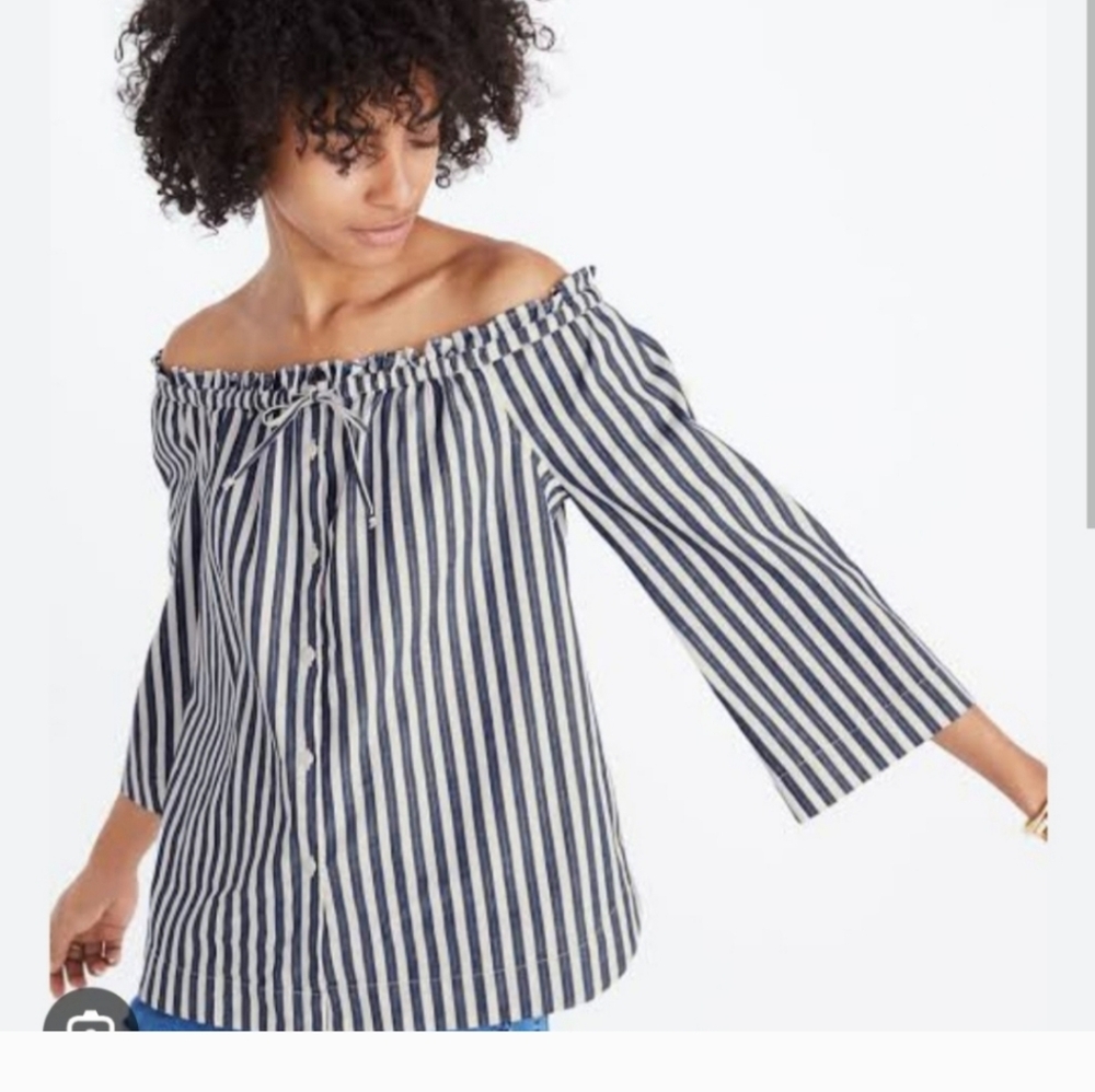 Madewell  Women's Shimmer Stripe  Blue White Off-the-Shoulder Top Small
